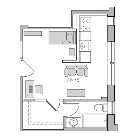 Floor plan for studio, 1 bath, 333 sqft